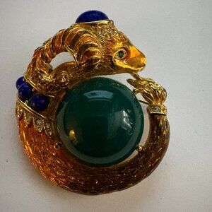 Vintage Gem Craft ram's head brooch in gold metal, enamel and glass stones